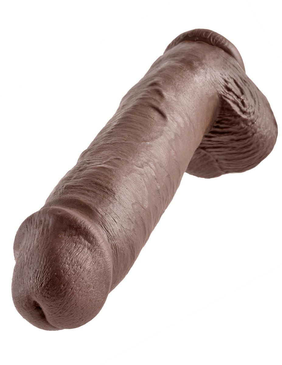 Коричневый фалоимитатор-гигант на присоске 11  Cock with Balls - 28 см.