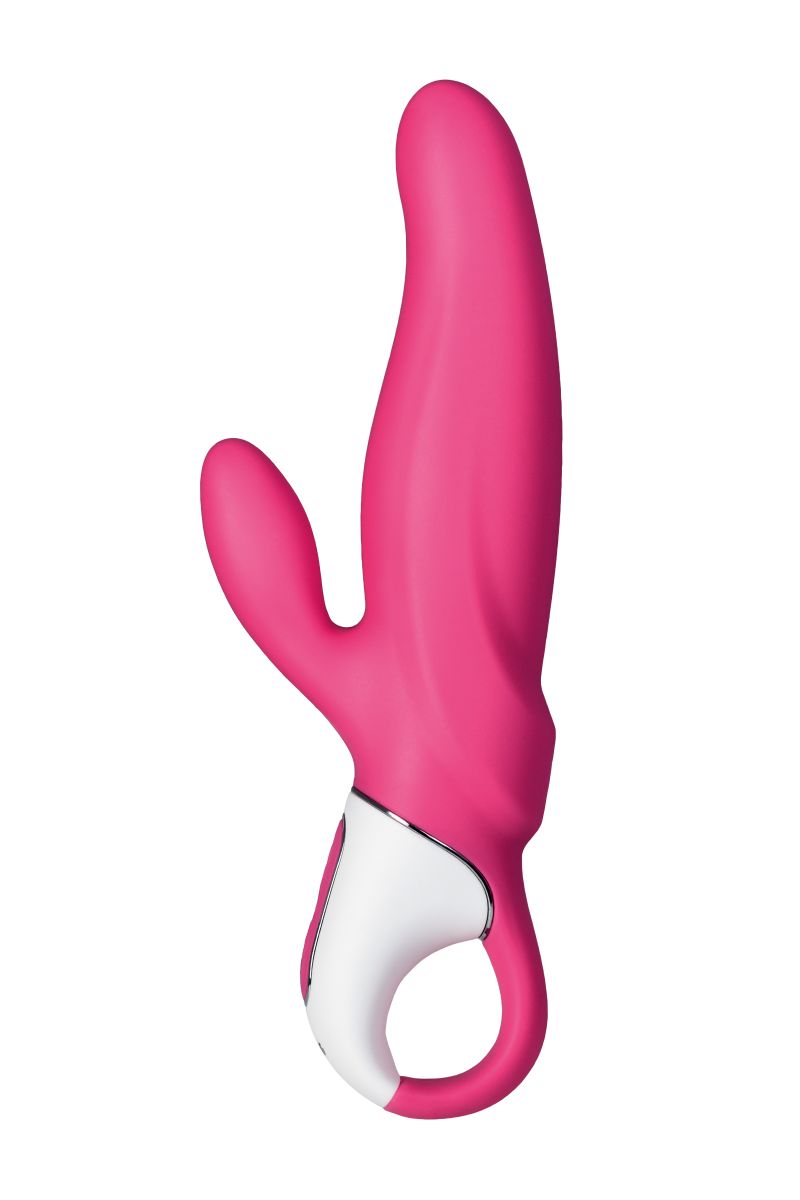 Ярко-розовый вибратор Mr. Rabbit с клиторальным отростком - 22,1 см.